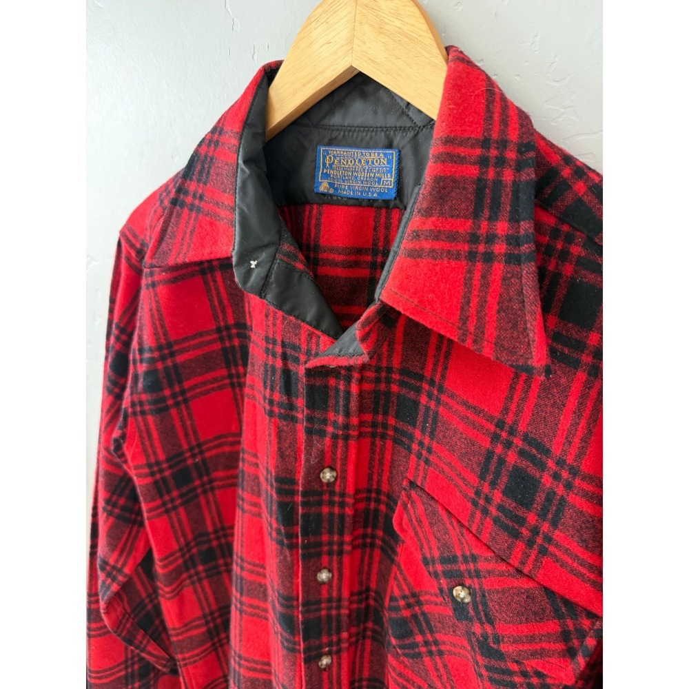 1970's Pendleton‎ Wool Plaid Flannel Trail Shirt Mens M Red Black Elbow Patches